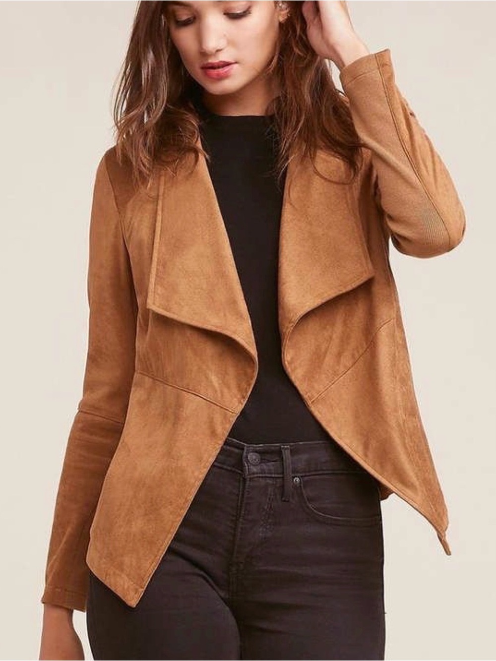 BB Dakota Camel Suede Draped Open-Front Jacket